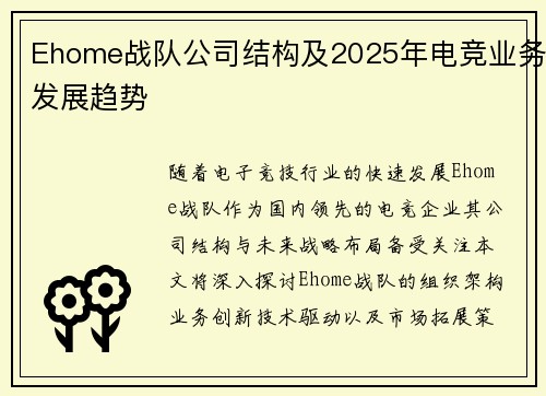 Ehome战队公司结构及2025年电竞业务发展趋势